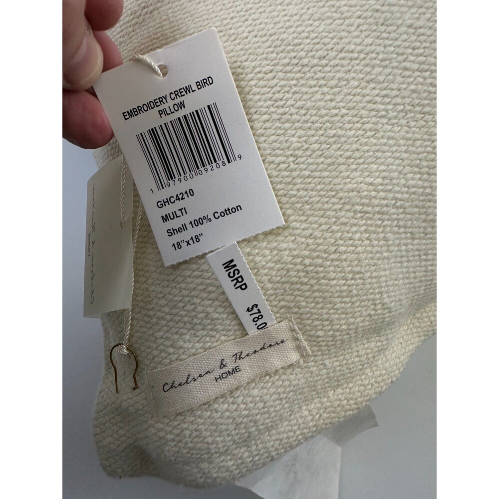 Chelsea And Theodore Embroidery Crewl Bird Pillow Decrative Accent New 18" x 18" - Picture 8 of 8